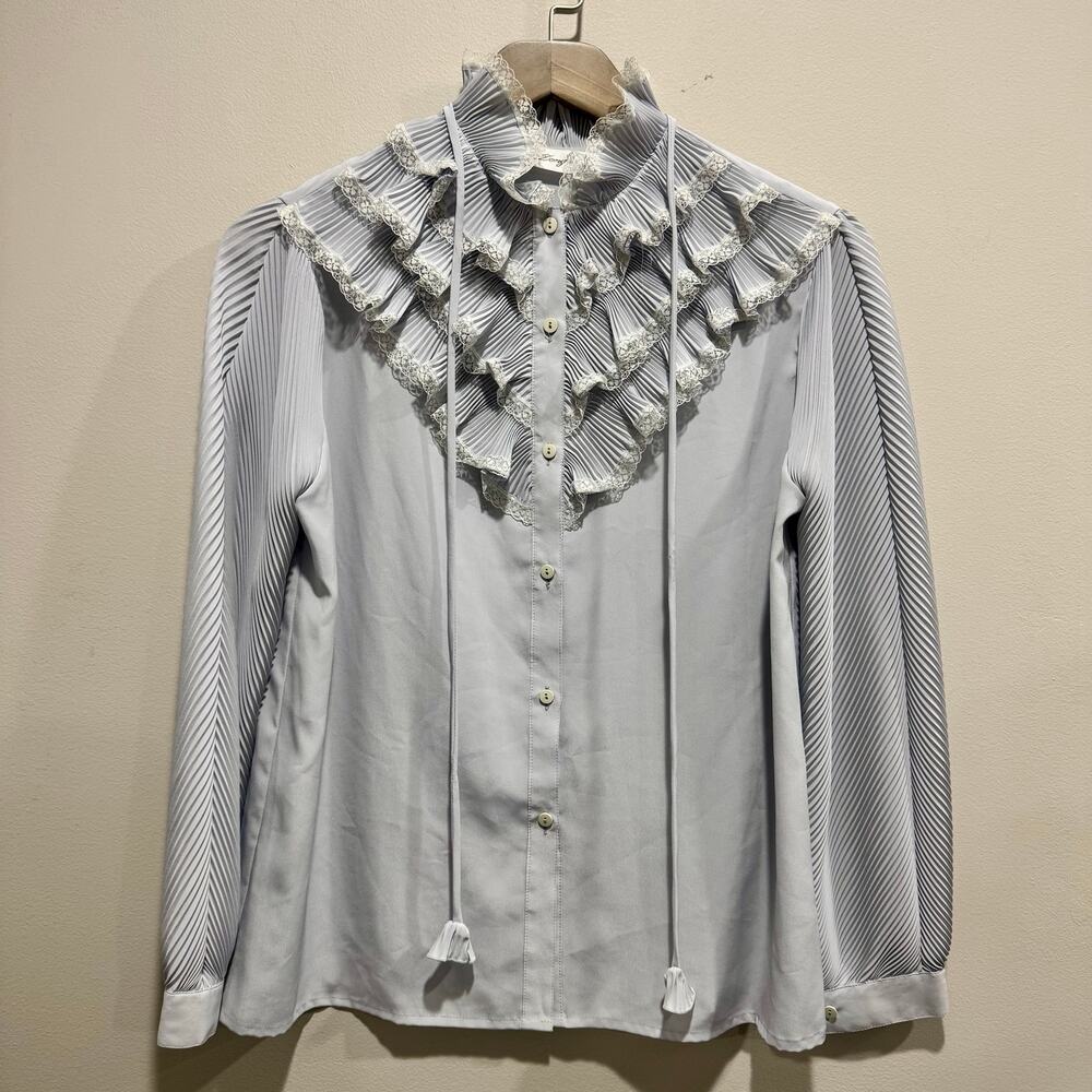 Romantic Ice Blue Pleated Ruffle Lace Victorian Blouse Tie Neck M